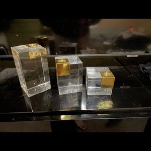 Jonathan Adler Clear Acrylic & Brass Set of 3 Candle Holders